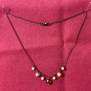 Brown colored metal necklace with cream and brown glass beads, 7", lobster claw.